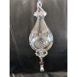 Hand Blown Clear Etched Glass Ornaments XMAS Dangling Red & Prism 9" Lot 2 EUC